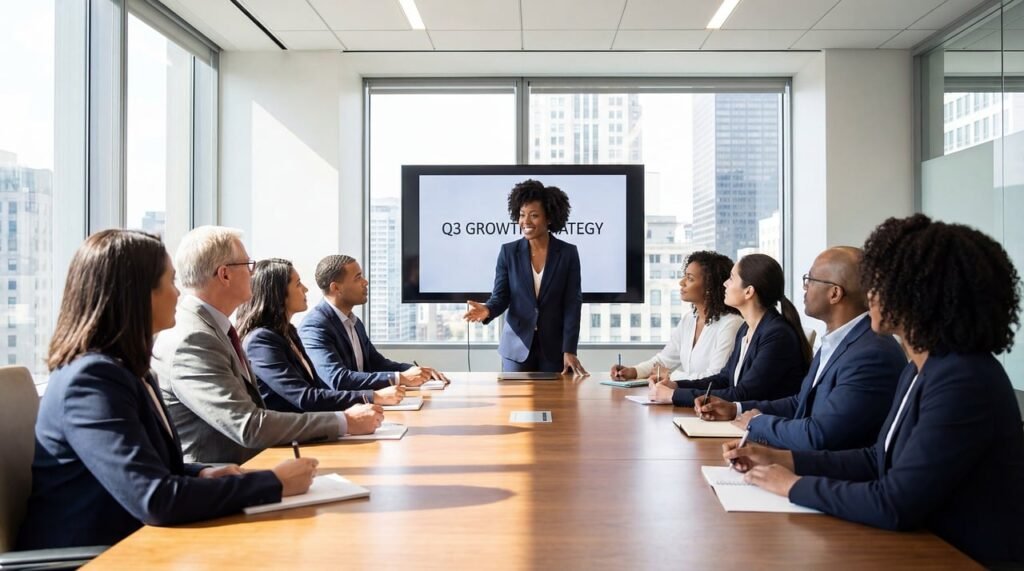 Business leaders aligning communications strategy with commercial priorities in a modern office setting,